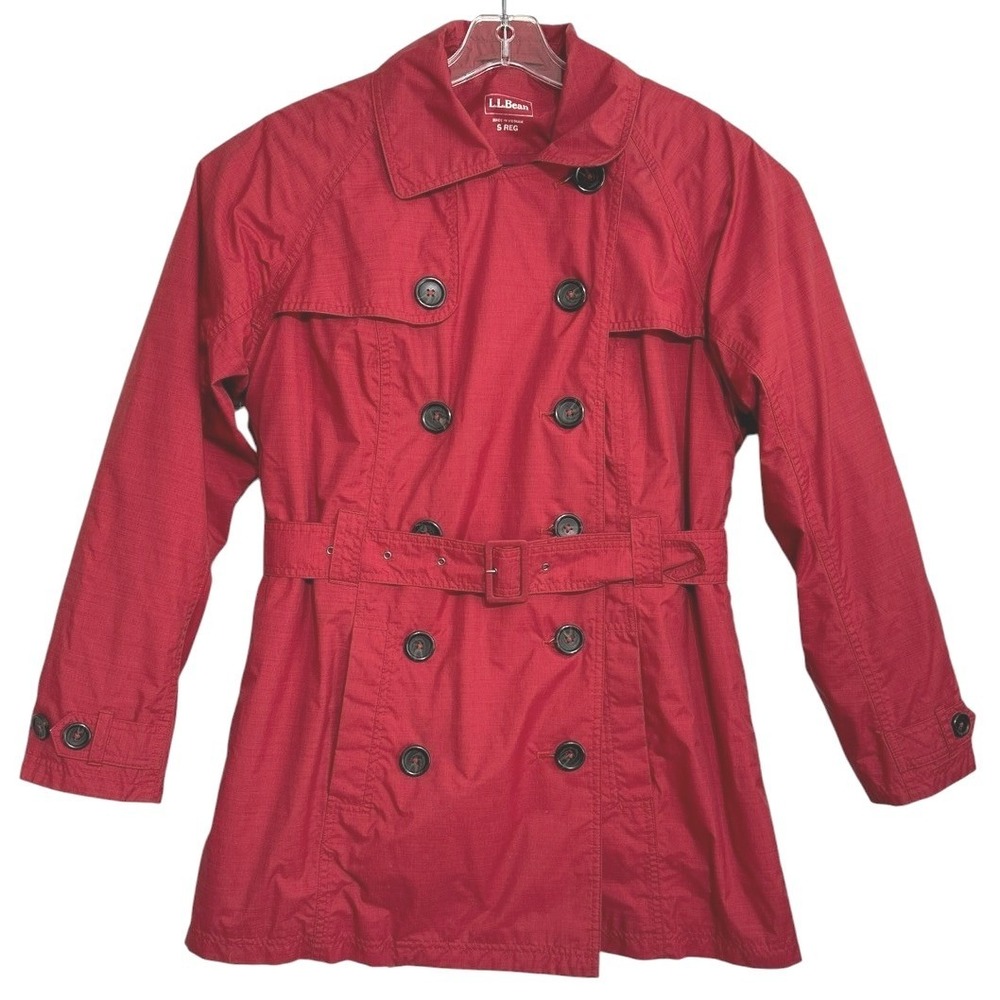 LL Bean‎ Trench Coat Women Red Belted PrimaLoft Liner Double Breasted Utility S